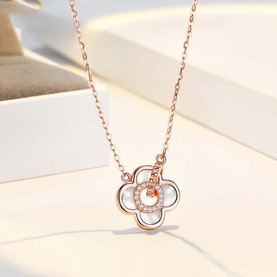 Necklace Sterling Silver Mother of Pearl Clover Pendant , Color: Rose
