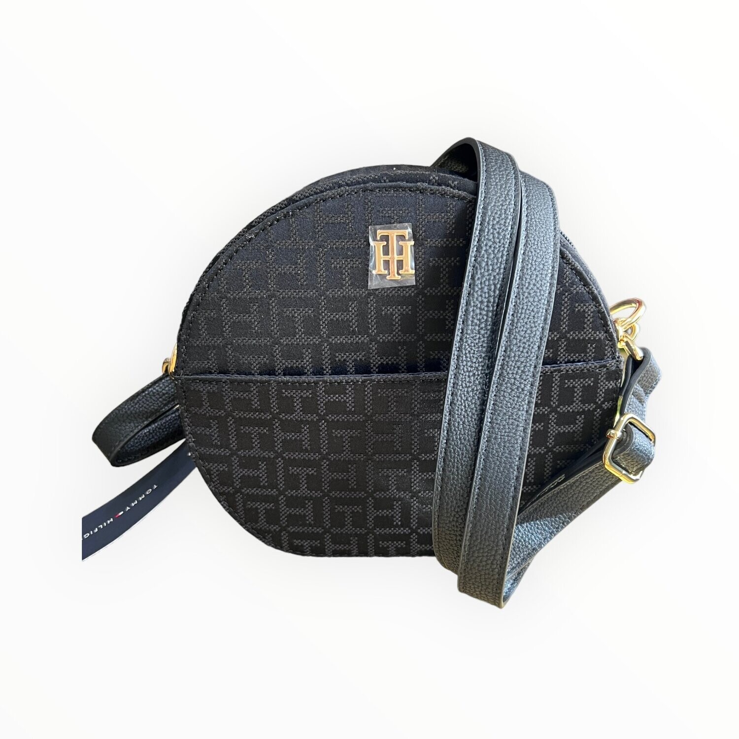 Tommy Hilfiger Round Crossody Monogram Canvas Adjustable Strap Gold Hardware Front Pocket, Color: Black
