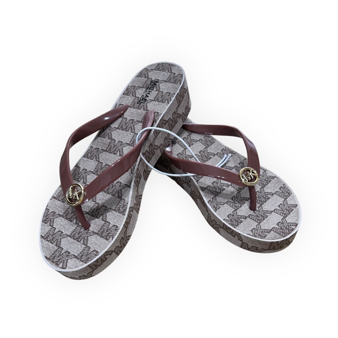 Michael Kors Bedford Logo Flip Flop Sig Print Canvas Platform Sole Rubber Sole, Color: Lt Cream Multi, Size: 7