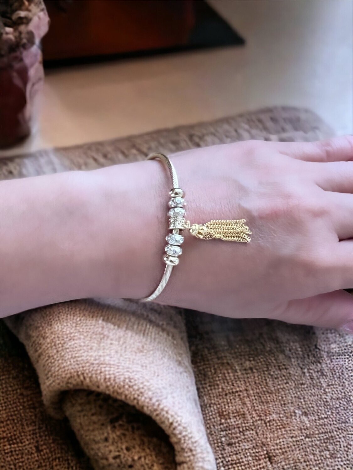 Bangle Yellow Gold Plated with Charms &amp; Tassle Swarovski Crystals