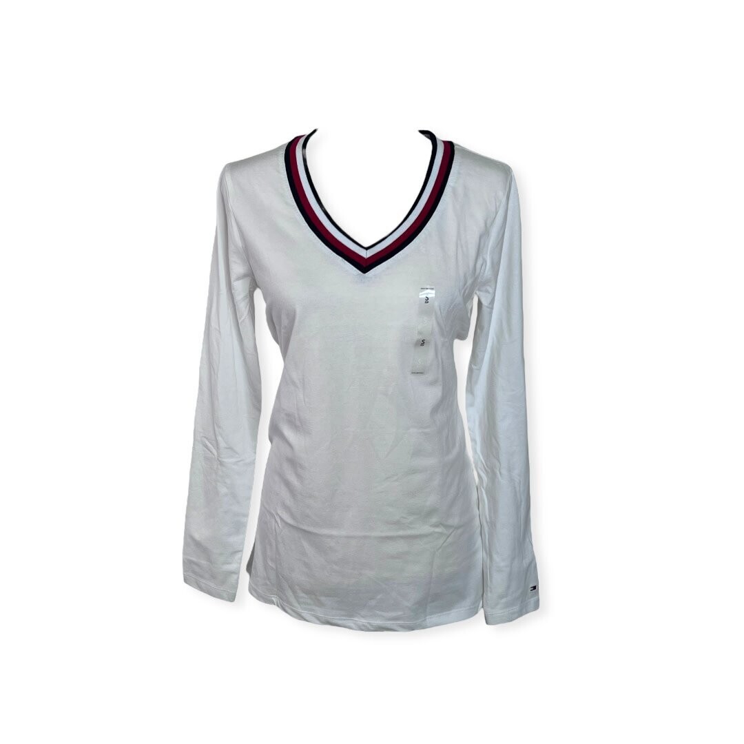 Tommy Hilfiger V-Neck Long Sleeves T-Shirt, Color: White, Size: Small