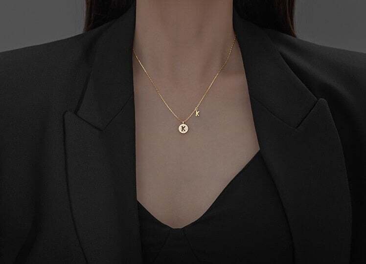 Initial Necklace Round Pendant Zircon Crystals S925 Yellow Gold Plated 16” - 18” Chain , Color: Yellow, Size: E