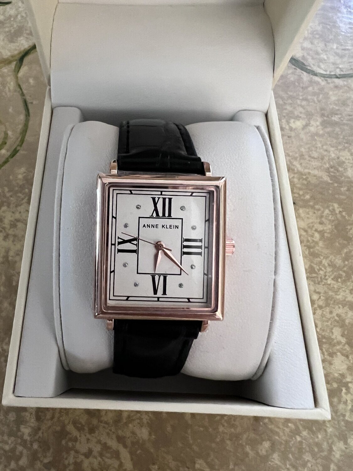 Anne Klein Watch Square Rose-Gold Tone Case White Face Roman Numerals Black Leather Strap Buckle Closure 