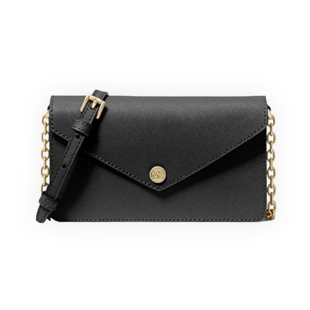 Michael Kors Jet Set Travel Envelope Crossbody Bag Small Saffiano Leather  Gold Tone Hardware 100% Leather Adjustable Strap, Color: Black