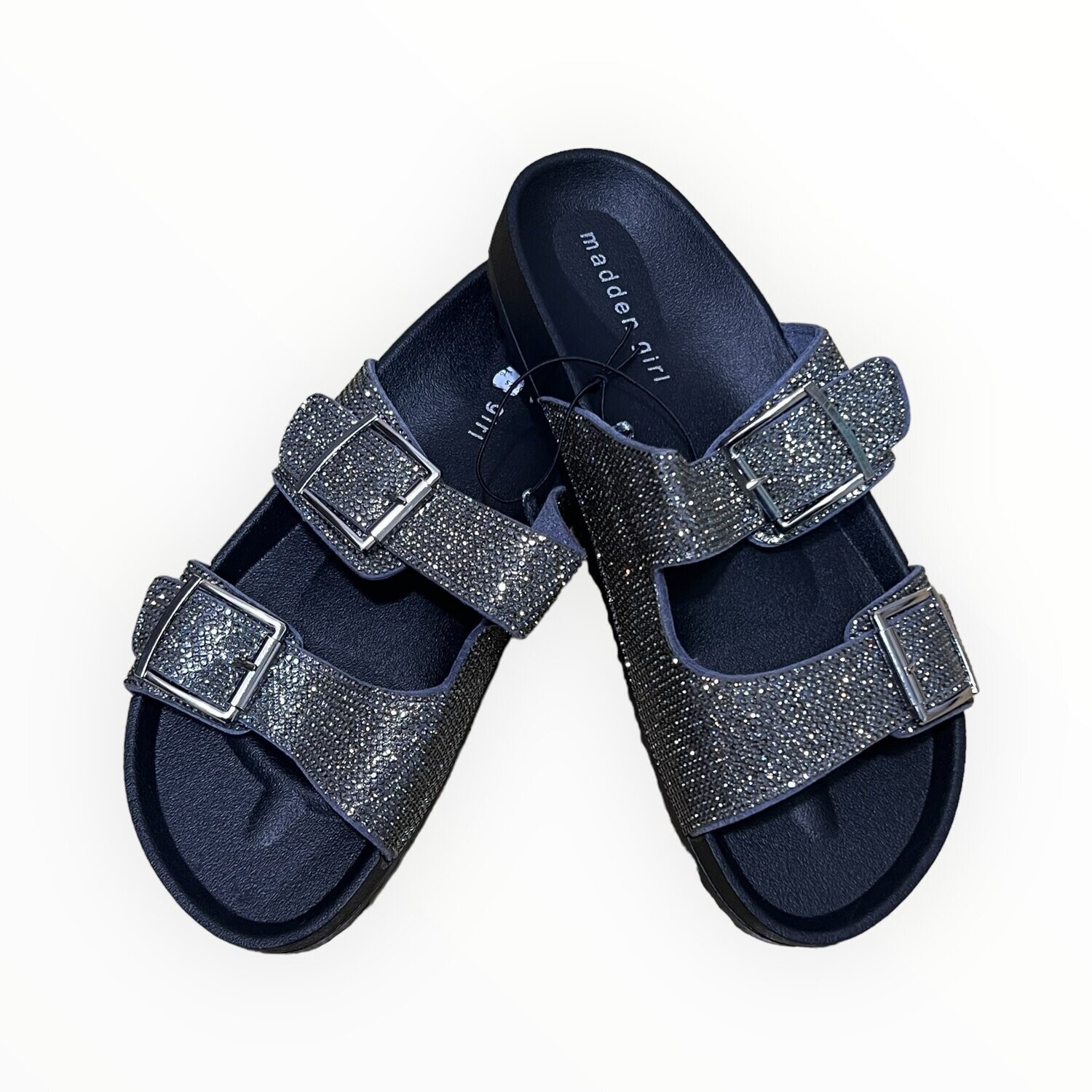 Madden Girl Slides Double Strap Buckle with Crystals, Color: Black, Size: 7