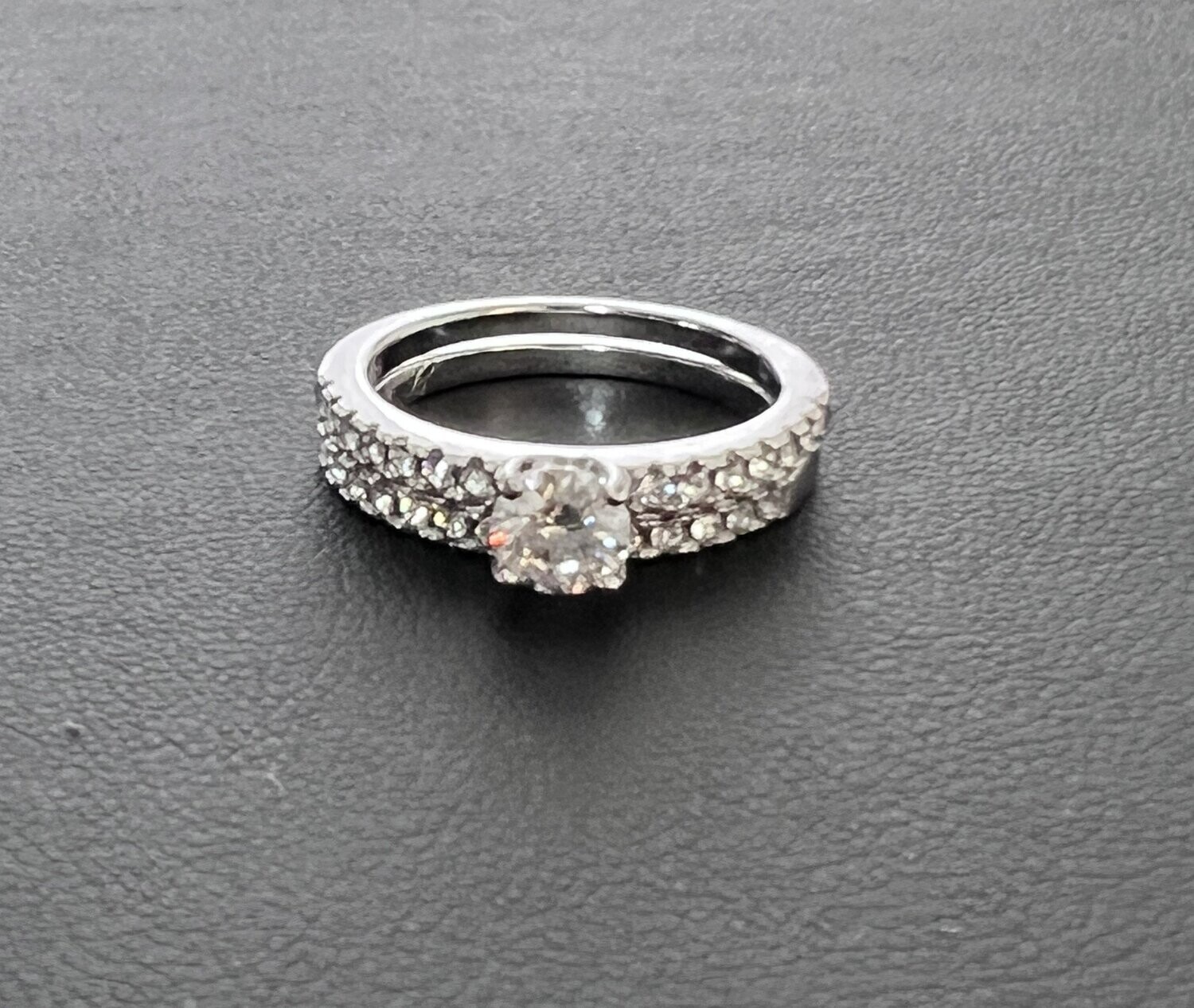 Ring 2-Pc Set S925 18K Gold Plated Moissanite Center Swarovski Side Stone, Color: Silver, Size: 6