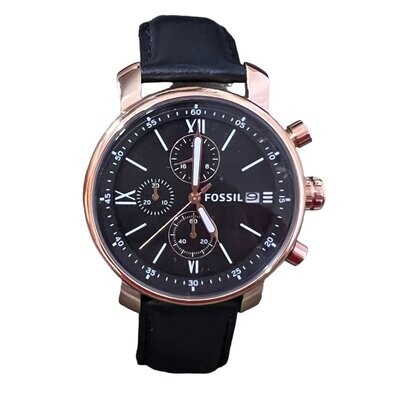 Fossil Watch Men’s Chronograph Rose Gold Black Steel Case Black Leather Strap