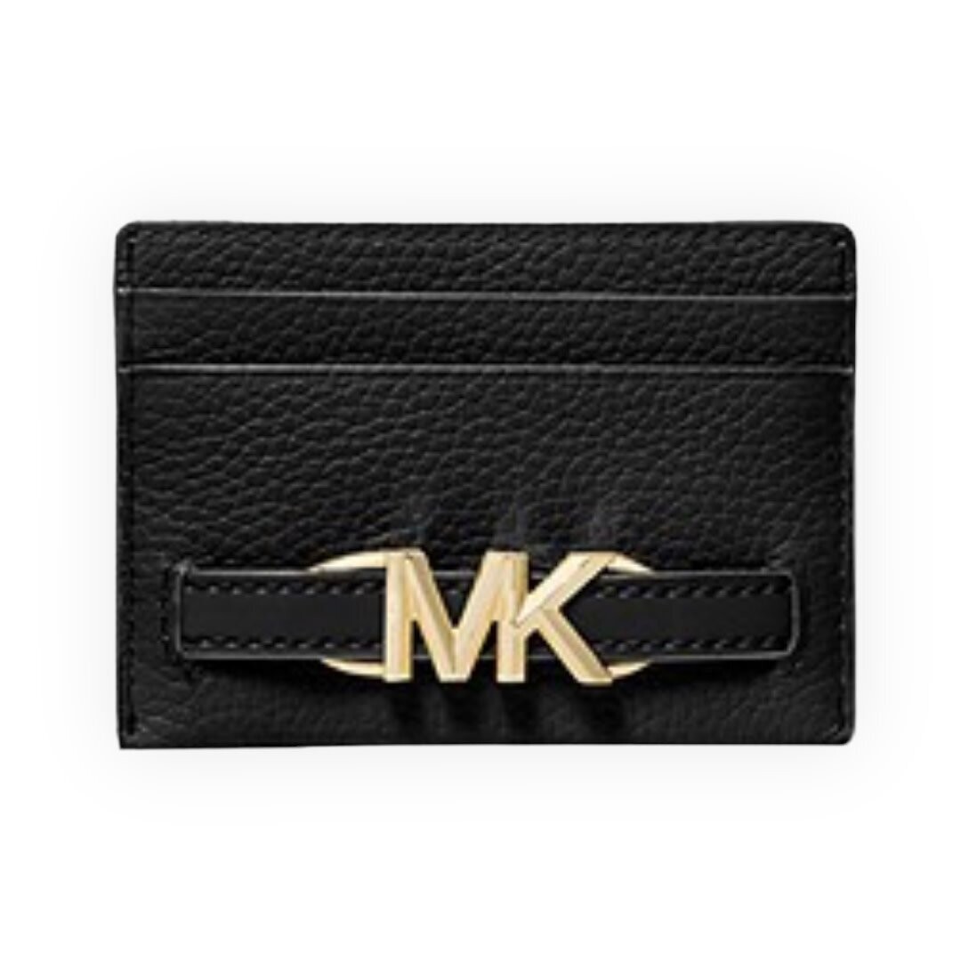 Michael Kors Reed Large Pebble Leather Card Case with Belted Detail High-Shine “MK” Hardware 4 Exterior Slip Pockets, Color: Black
