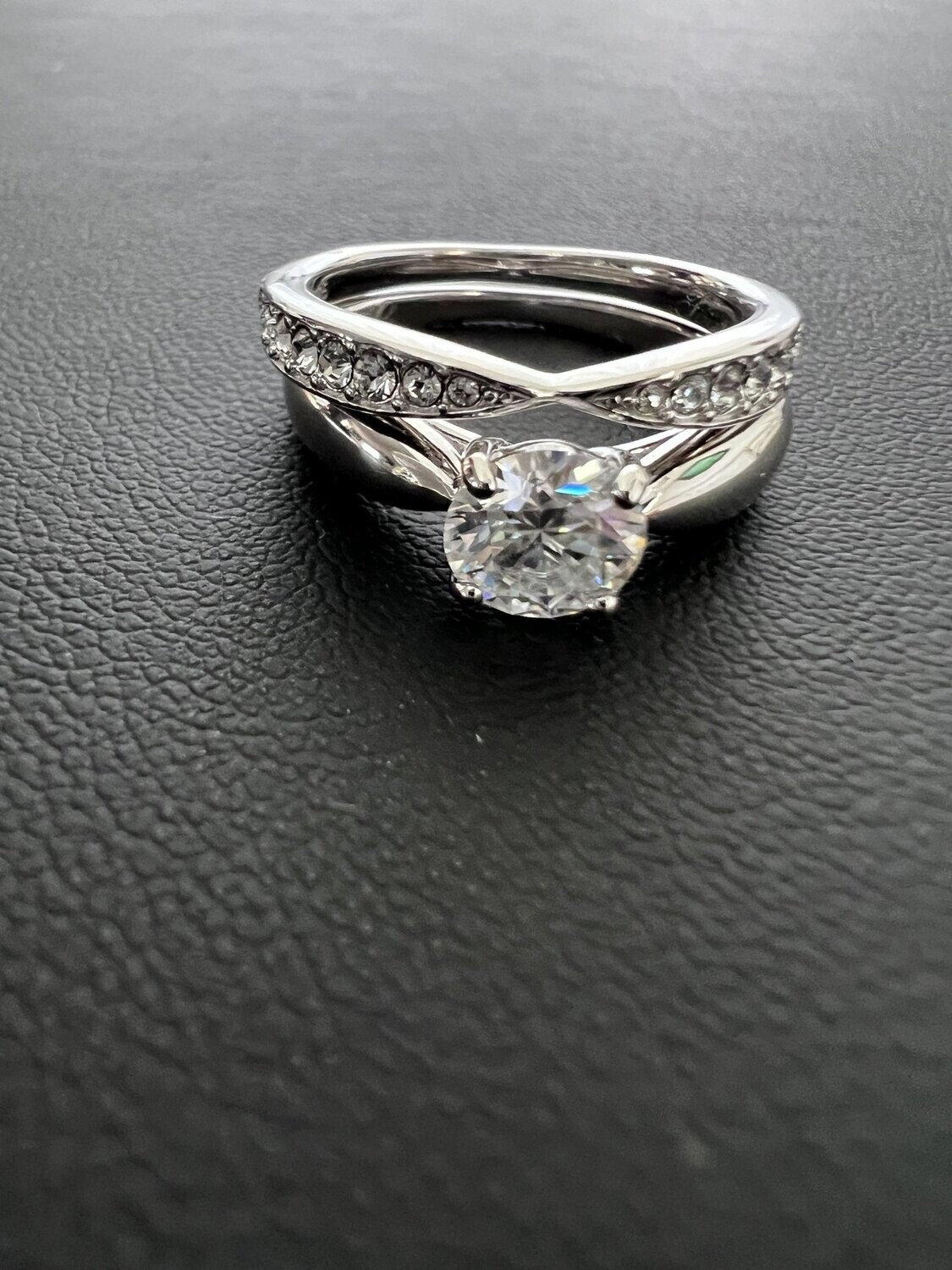 Ring 2- Pc S925 18K Gold Plated Moissanite Center Swarovski Side Stone, Color: Silver, Size: 6