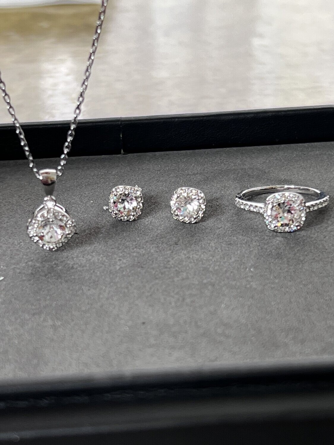 Pendant Earring &amp; Ring Set Austria Crystals 18K White Gold Plated