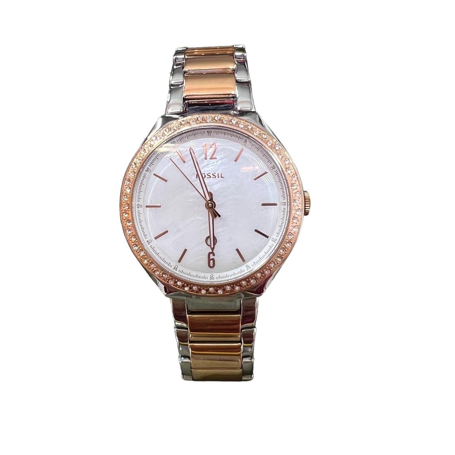 Fossil Watch Women’s Two-Tone Silver &amp; Rose Gold Round Mother of Pearl Stainless Steel Case with Swarovski Crystals