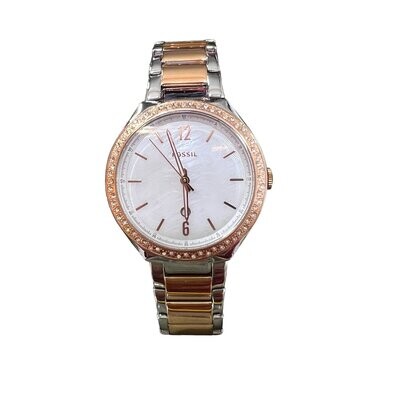 Fossil Watch Women’s Two-Tone Silver & Rose Gold Round Mother of Pearl Stainless Steel Case with Swarovski Crystals
