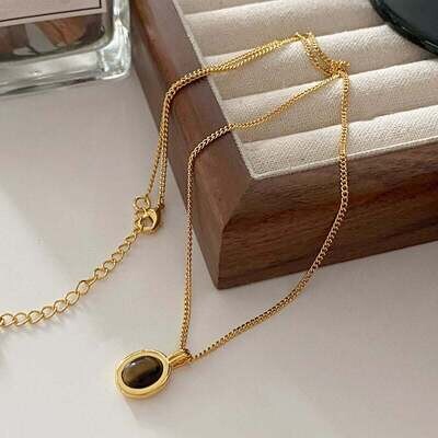 Necklace Brass 24K Gold Plated Black Enamel Charm 45+5.5cm