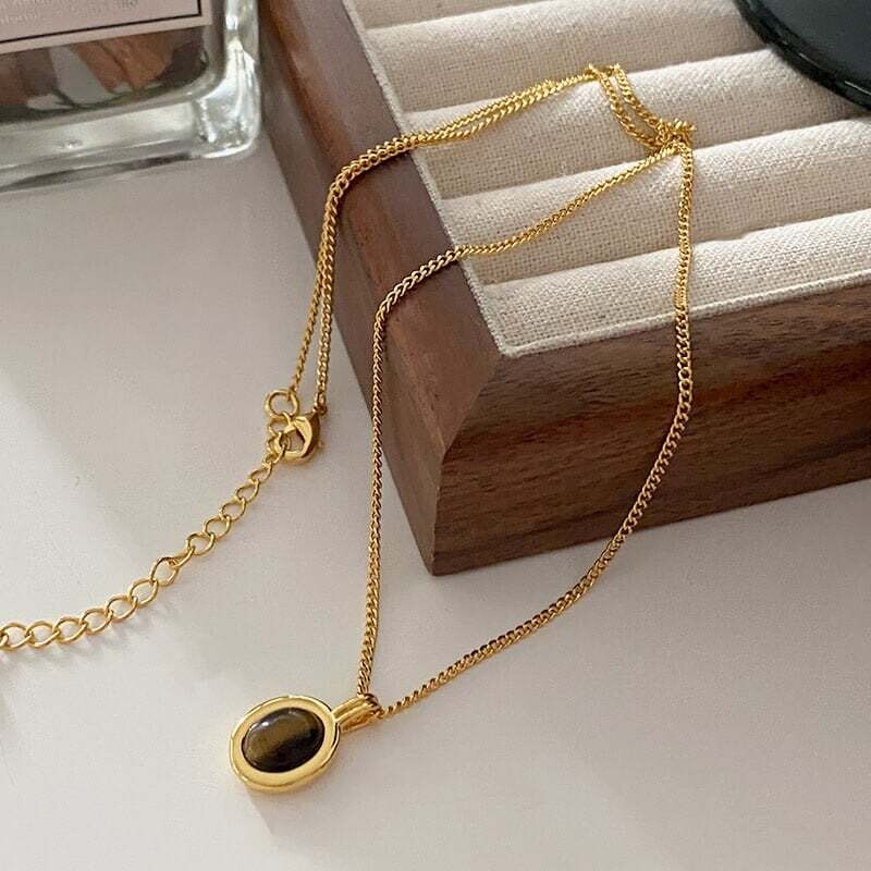 Necklace Brass 24K Gold Plated Black Enamel Charm 45+5.5cm