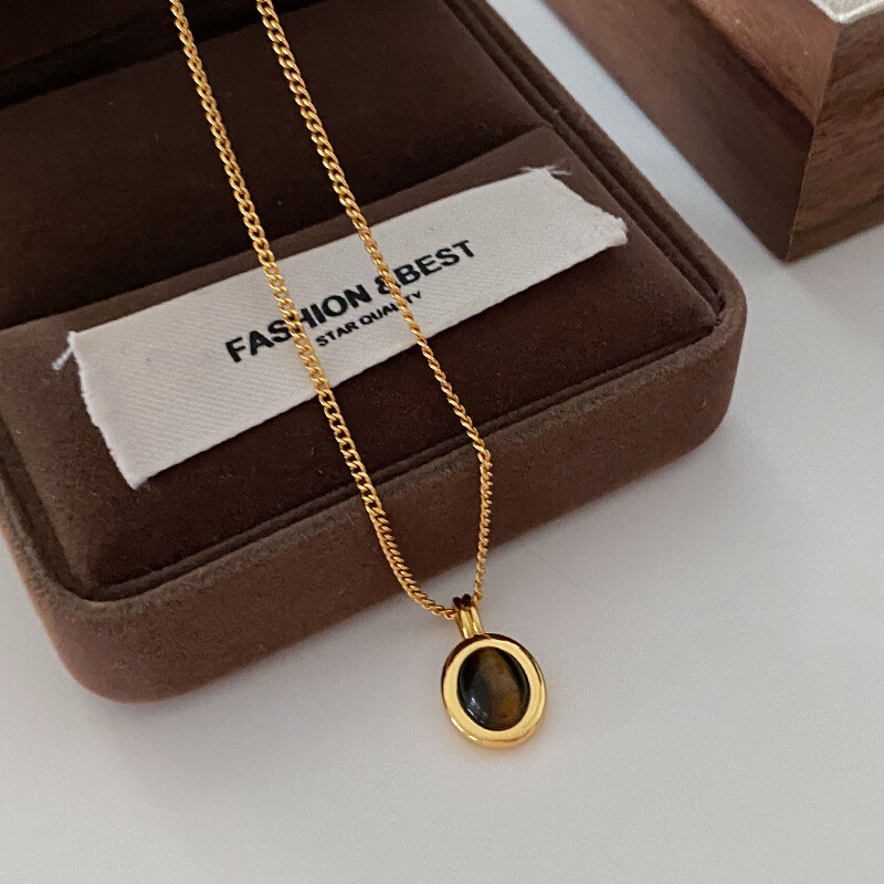 Necklace Brass 24K Gold Plated Black Enamel Charm 45+5.5cm