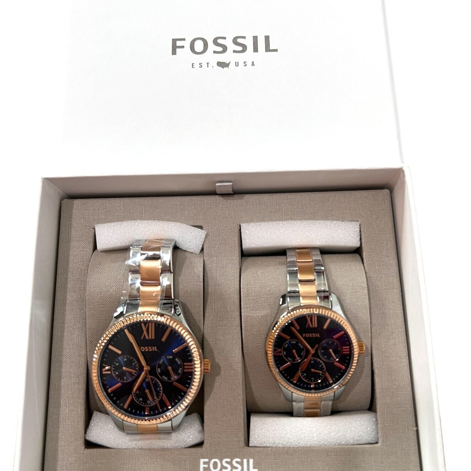 Fossil Watch His &amp; Hers Round Steel Case Two - Tone Stainless Steel Bracelet
