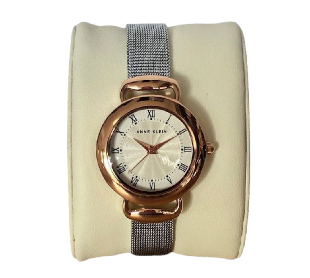 Anne Klein Lady’s Watch Metal Mesh Strap Round White Face Roman Numerals