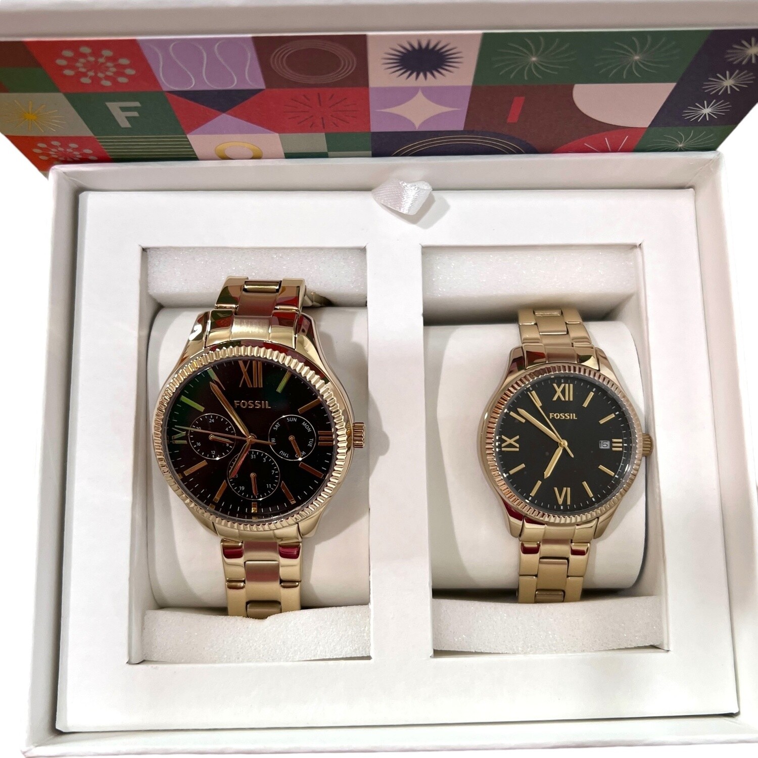Fossil Watch His &amp; Hers Yellow Gold Plated Stainless Steel Bracelet Round Black Steel Case 