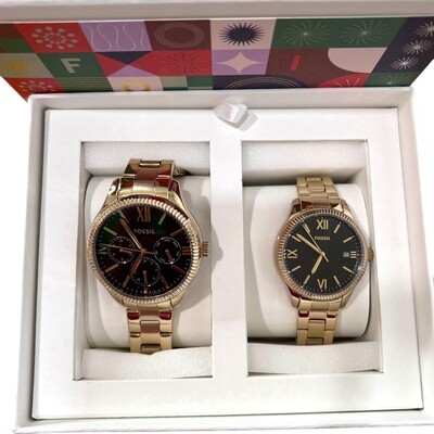Fossil Watch His & Hers Yellow Gold Plated Stainless Steel Bracelet Round Black Steel Case 