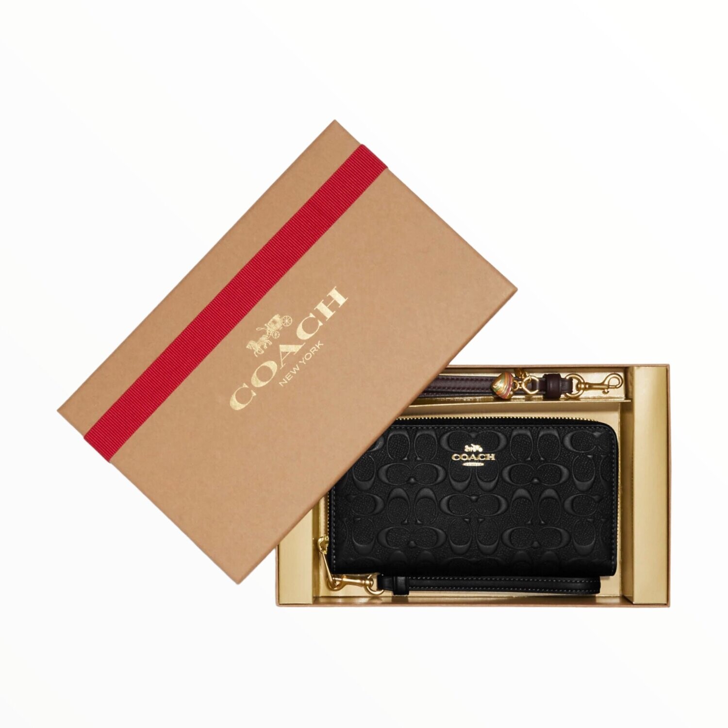 Coach Boxed Long Zip Around Wallet Wristlet Sig Leather + Extra Wrist Strap &amp; Charm
