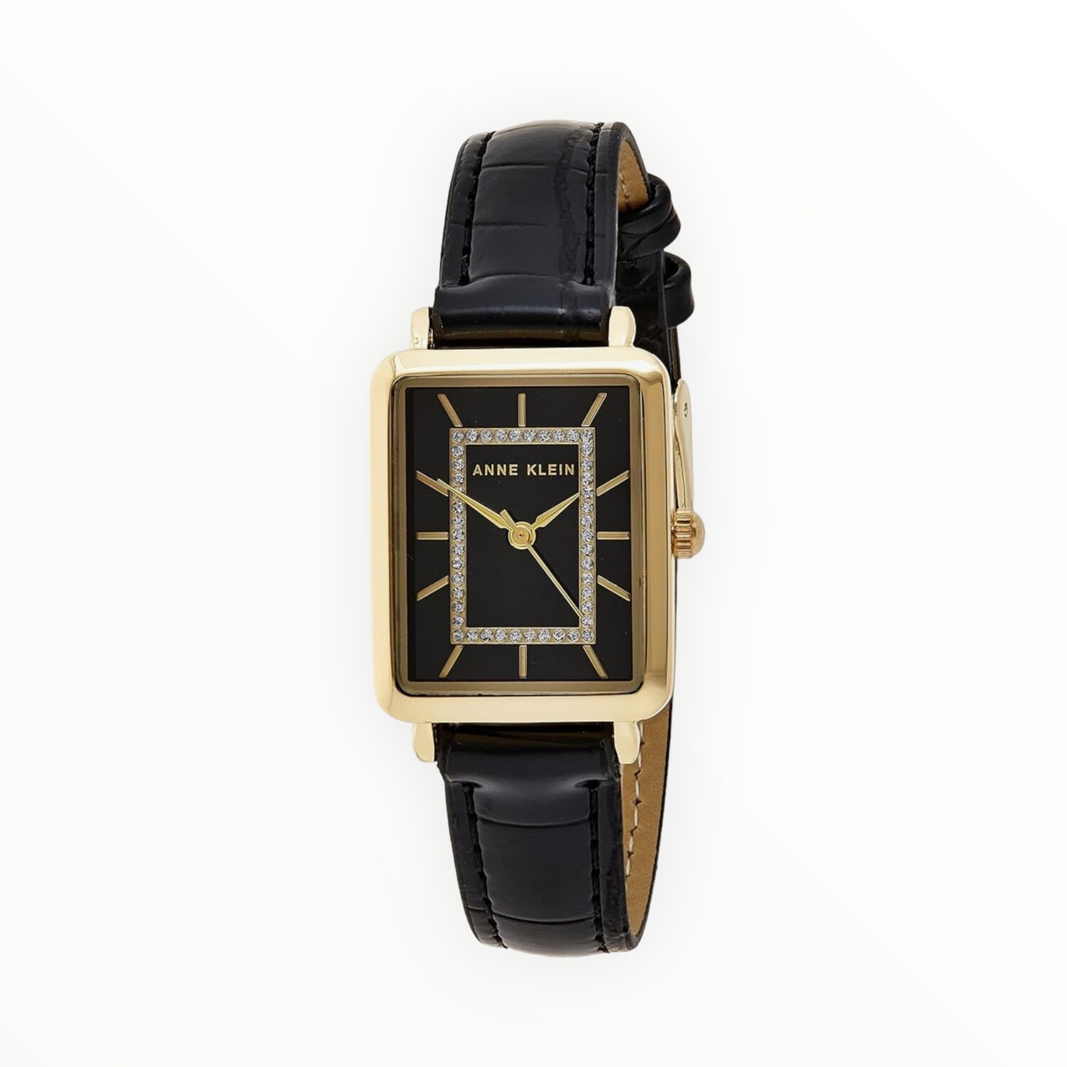 Anne Klein Watch Glitter Accented Glossy Black Dial with Yellow Gold-Tone Case Hand &amp; Markers Black Croco Grain Faux Leather Strap with Buckle Closure, Color: Yellow Gold-Tone/Black