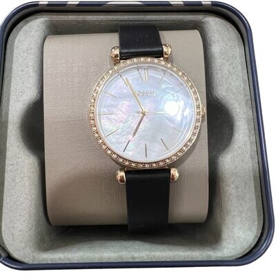 Fossil Watch Women’s Round Face Mother of Pearl with Swarovski Crystals Yellow Gold-Plated with black Leather Strap 