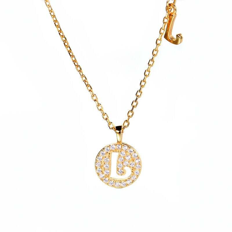 Initial Necklace Round Pendant Zircon Crystals S925 Rose Gold Plated 16” - 18” Chain, Color: Rose Gold, Size: L