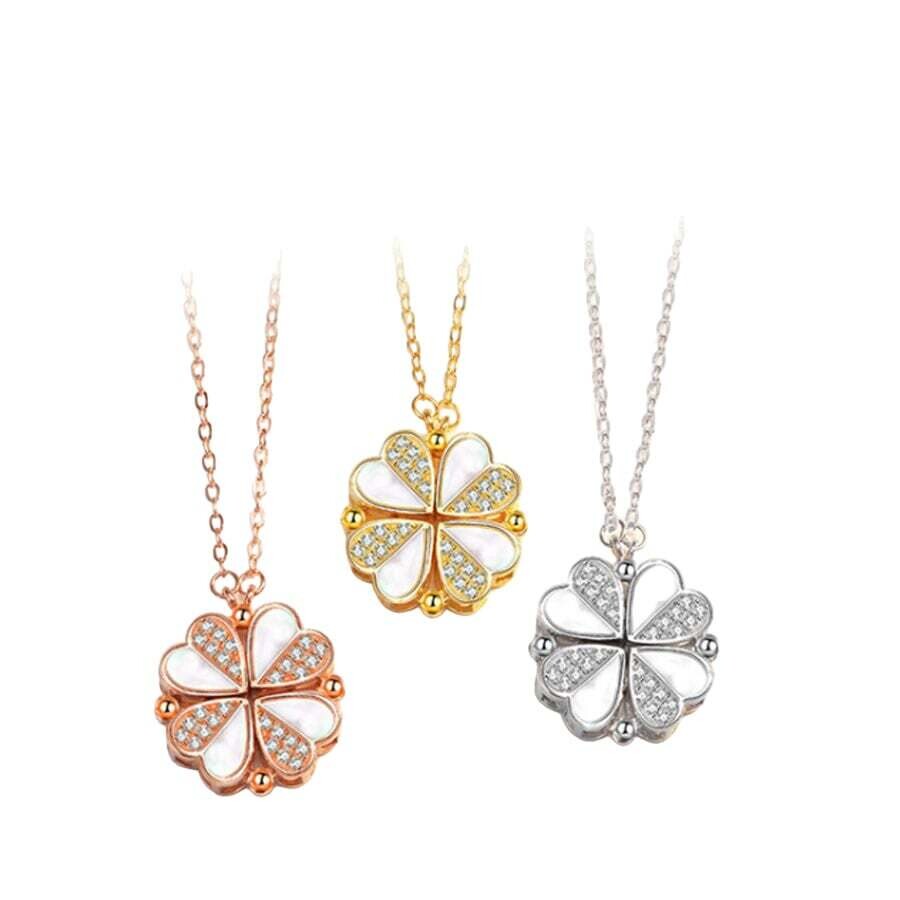 Necklace Sterling Silver Clover Austria Crystals &amp; Enamel, Color: Rose