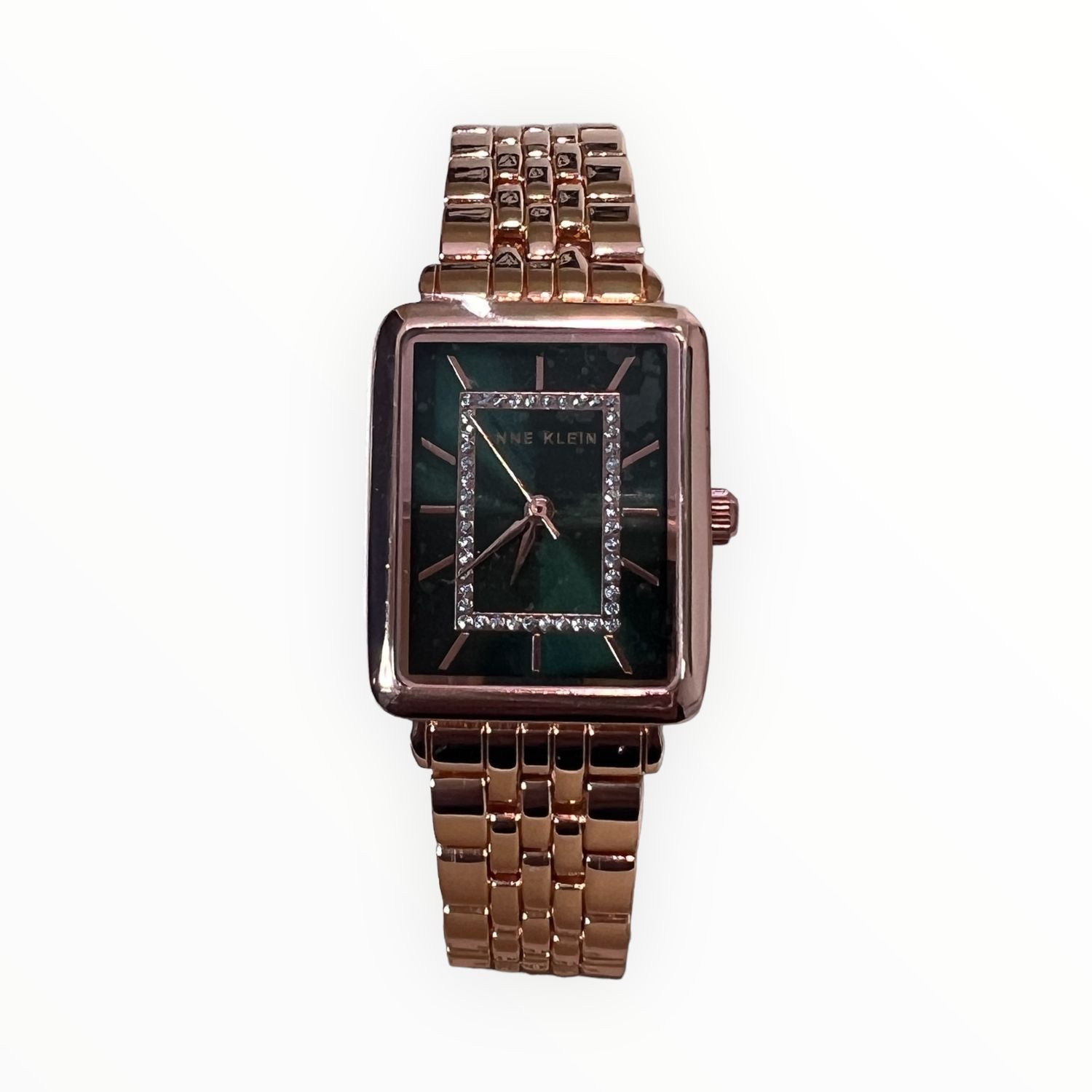 Anne Klein Women’s Watch Green Sunray Dial Rectangular  Crystal Rose Gold Tone Adjustable Link Bracelet 