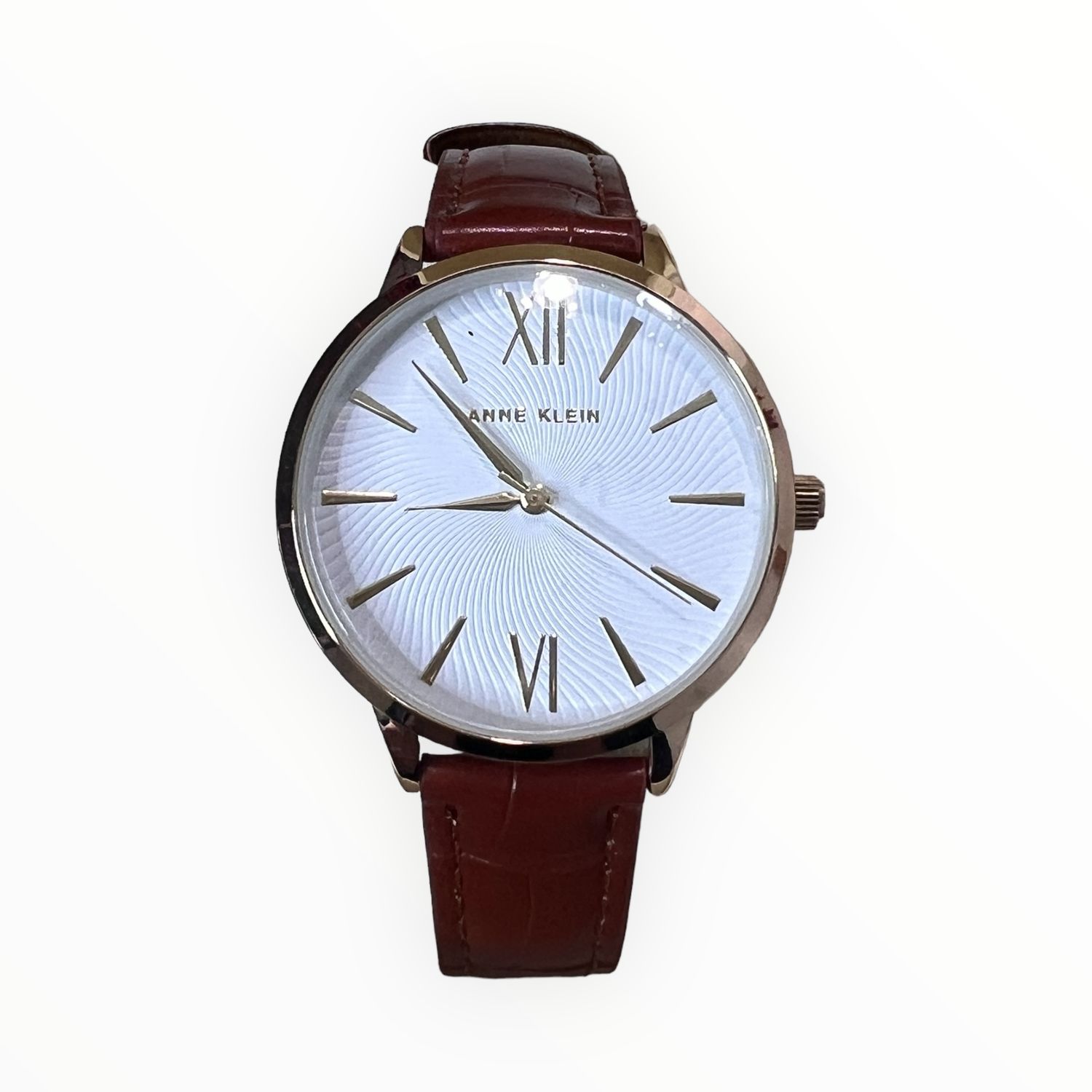 Anne Klein Women’s Watch White Dial Yellow Gold Tone Hands &amp; Markers Brown Croco-Grain Paul Leather Strap
