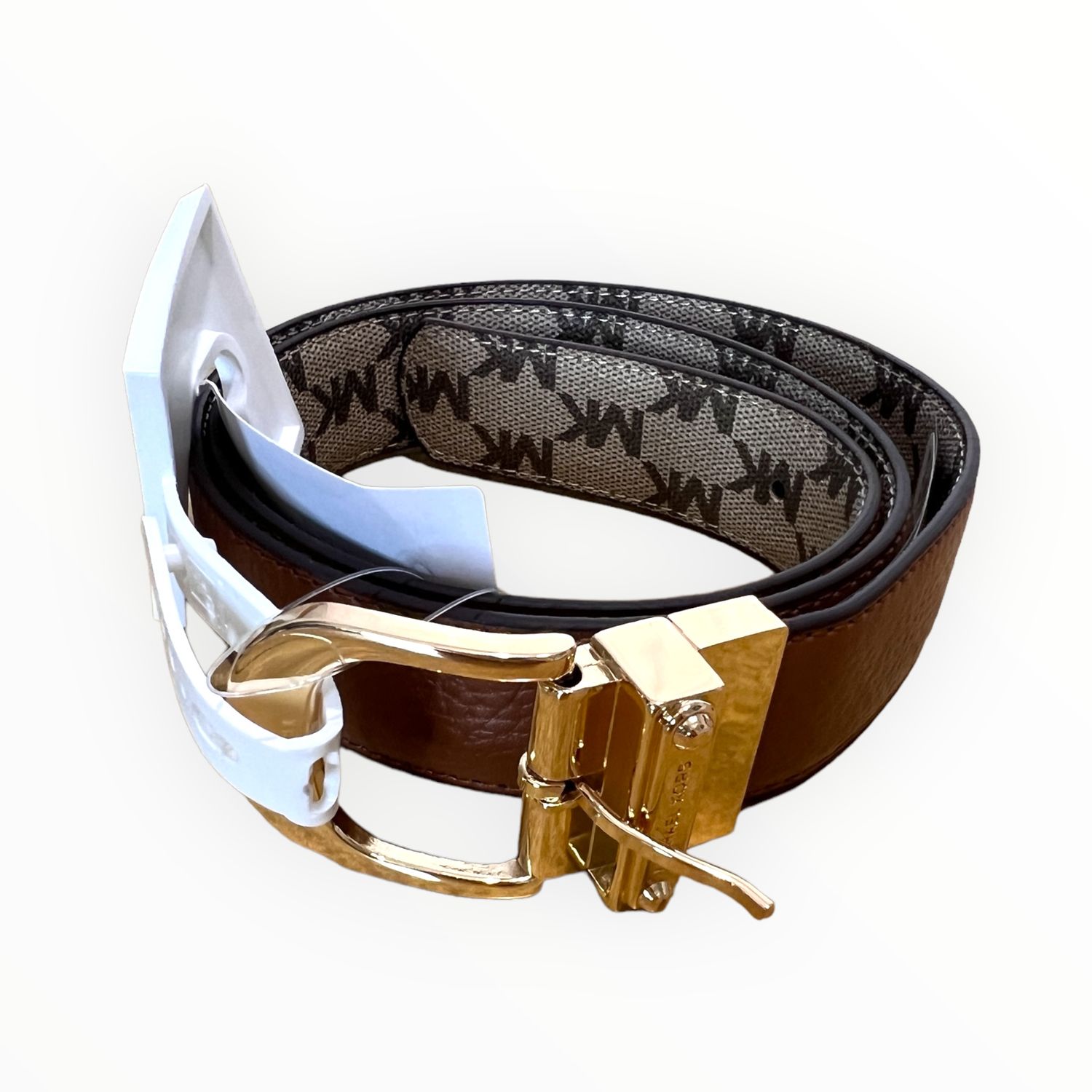 Michael Kors Reversible Belt Signature Logo Print Reverses to Smooth Leather Polished Charm Buckle