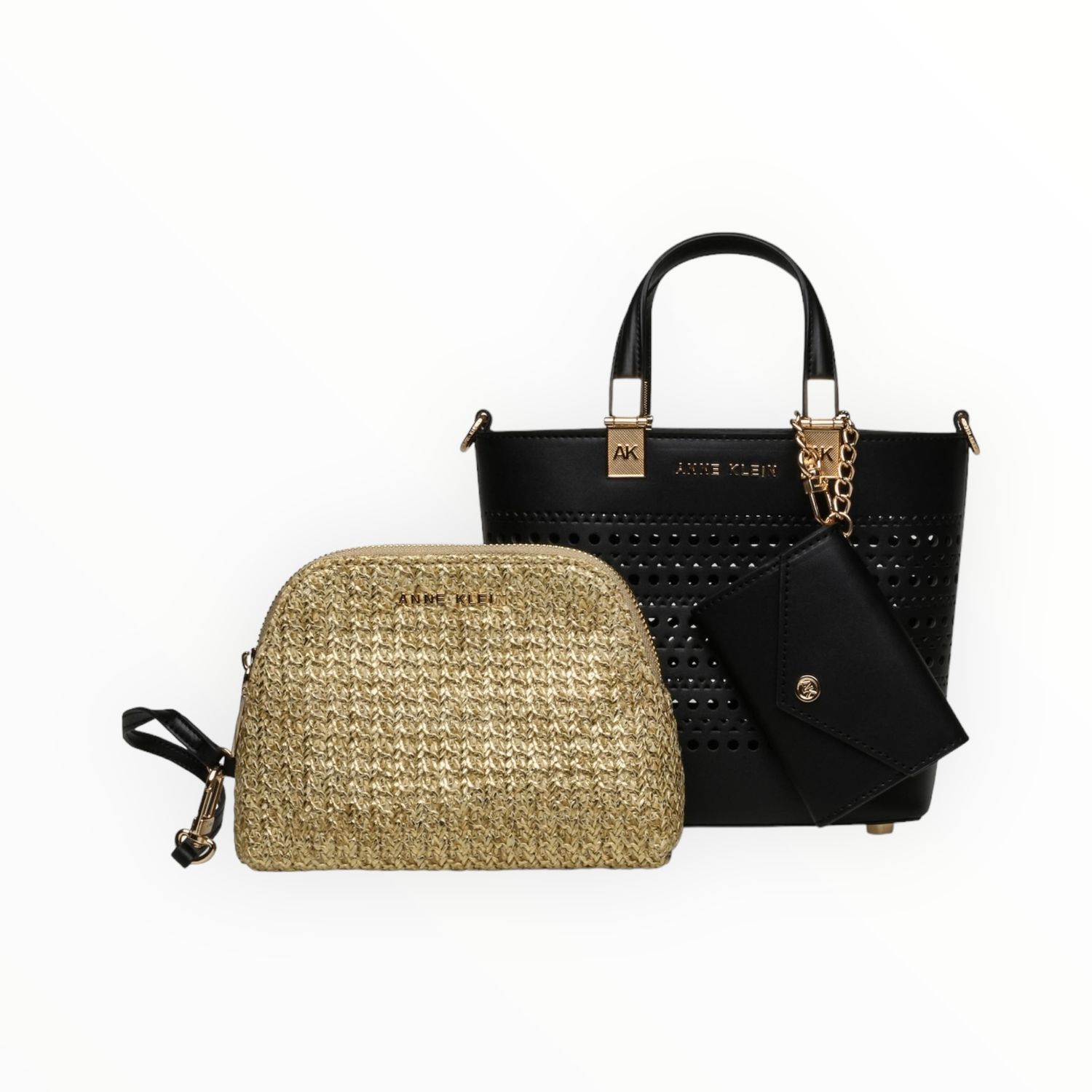 Anne Klein Mini Perforated Tote Bag Top Handle &amp; Crossbody Strap Magnetic Top Closure Removable Zip Pouch &amp; Coin Purse