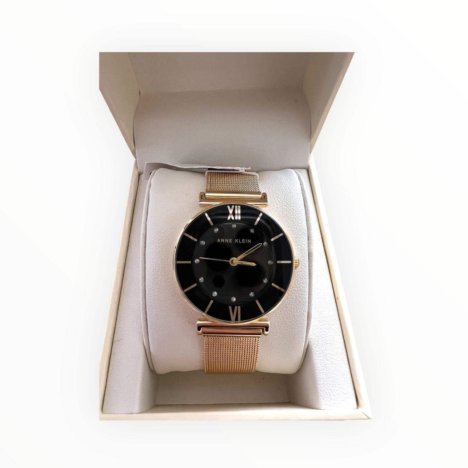Anne Klein Women’s Watch Glitter Accent Black Dial Yellow Gold Tone Mesh Bracelet