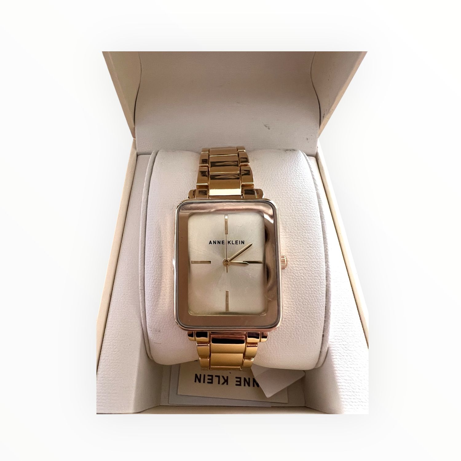 Anne Klein Women’s Watch Rectangular Mother of Pearl Yellow Gold Tone Case Hand &amp; Markers Adjustable Bracelet with Buckle Closure 