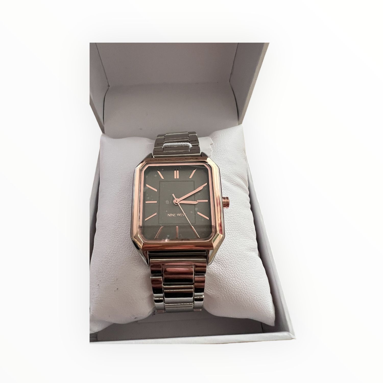 Nine West Women’s Watch Rectangular Rose Gold Tone Case Silver Tone Stainless Steel Bracelet
