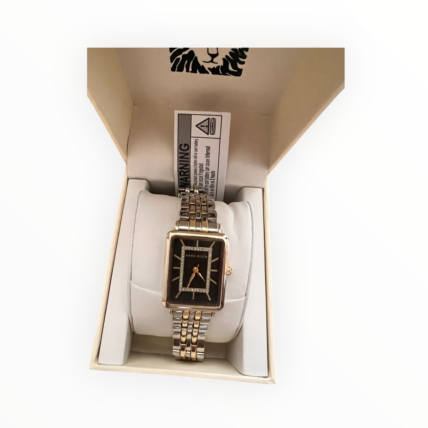 Anne Klein Watch Rectangular Glossy Black Dial Glitter Accented Two Tone Yellow &amp; Silver Adjustable Bracelet