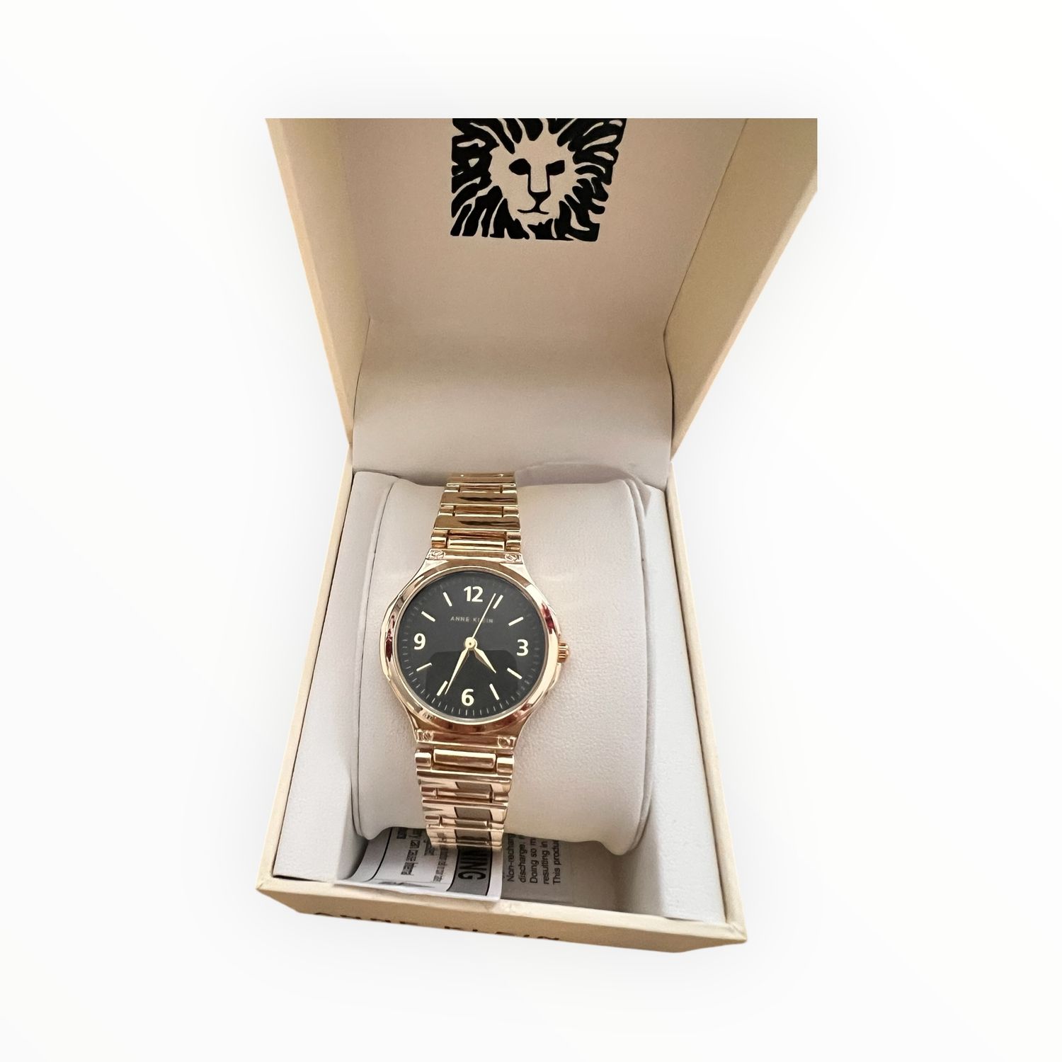 Anne Klein Watch Round Black Dial Yellow Gold Tone Adjustable Bracelet Numbers &amp; Markers