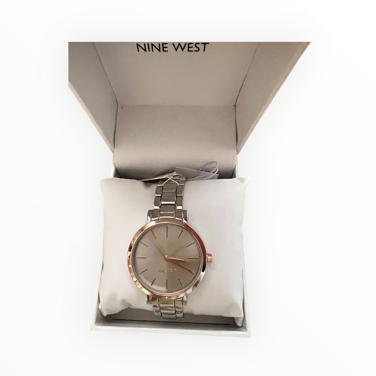 Nine West Watch Round Sunray Dial Rose Gold Tone Bezel Silver Tone Adjustable Bracelet