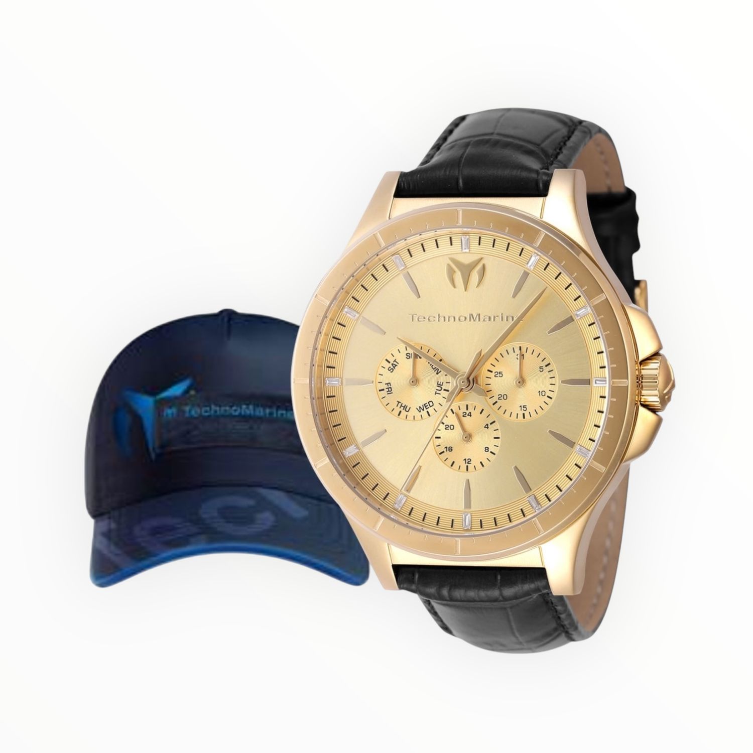 TechnoMarine MoonSun Men’s Watch 45mm Black /Yellow Gold Tone + TechnoMarine Baseball Men’s Hat Blue