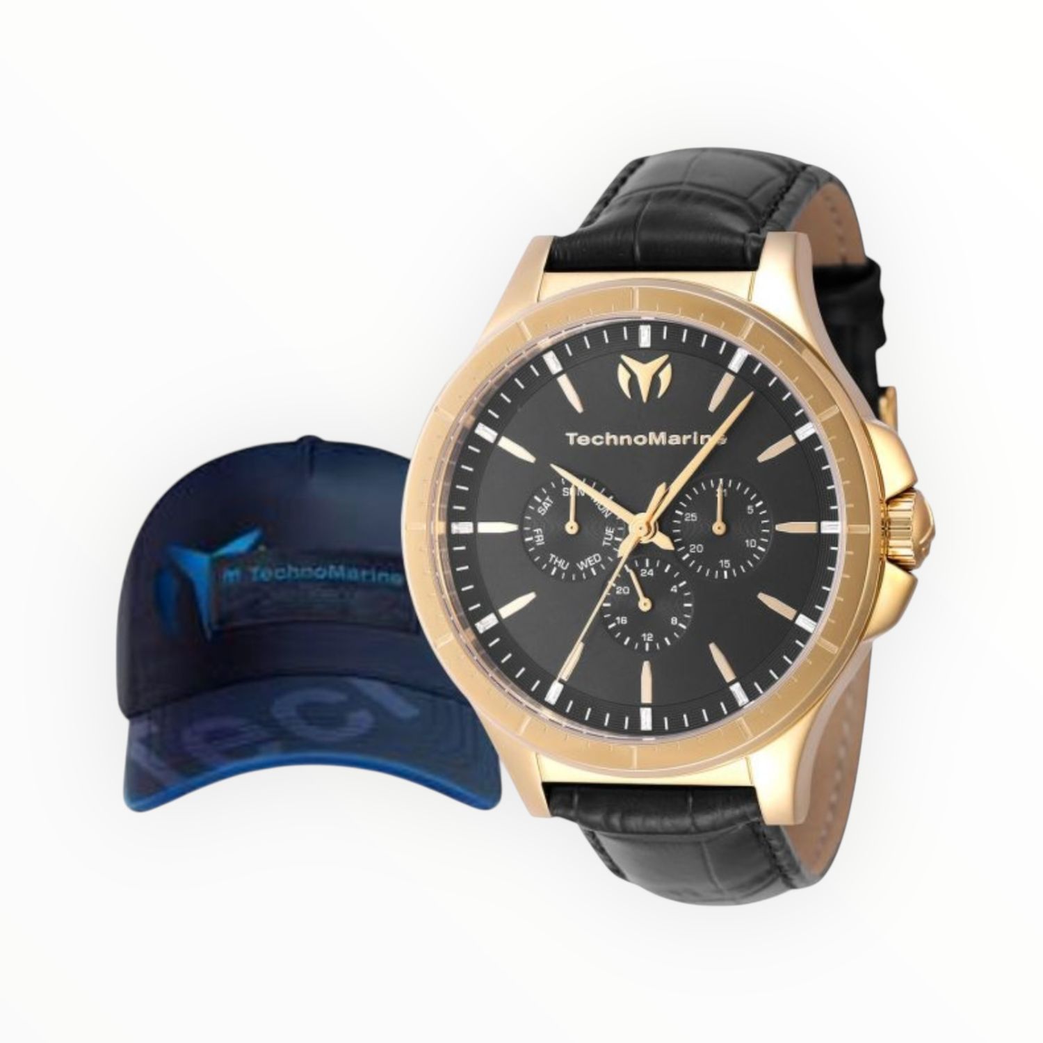 TechnoMarine MoonSun Men’s Watch 45mm Black Yellow Gold Tone + TechnoMarine Baseball Men’s Hat Blue