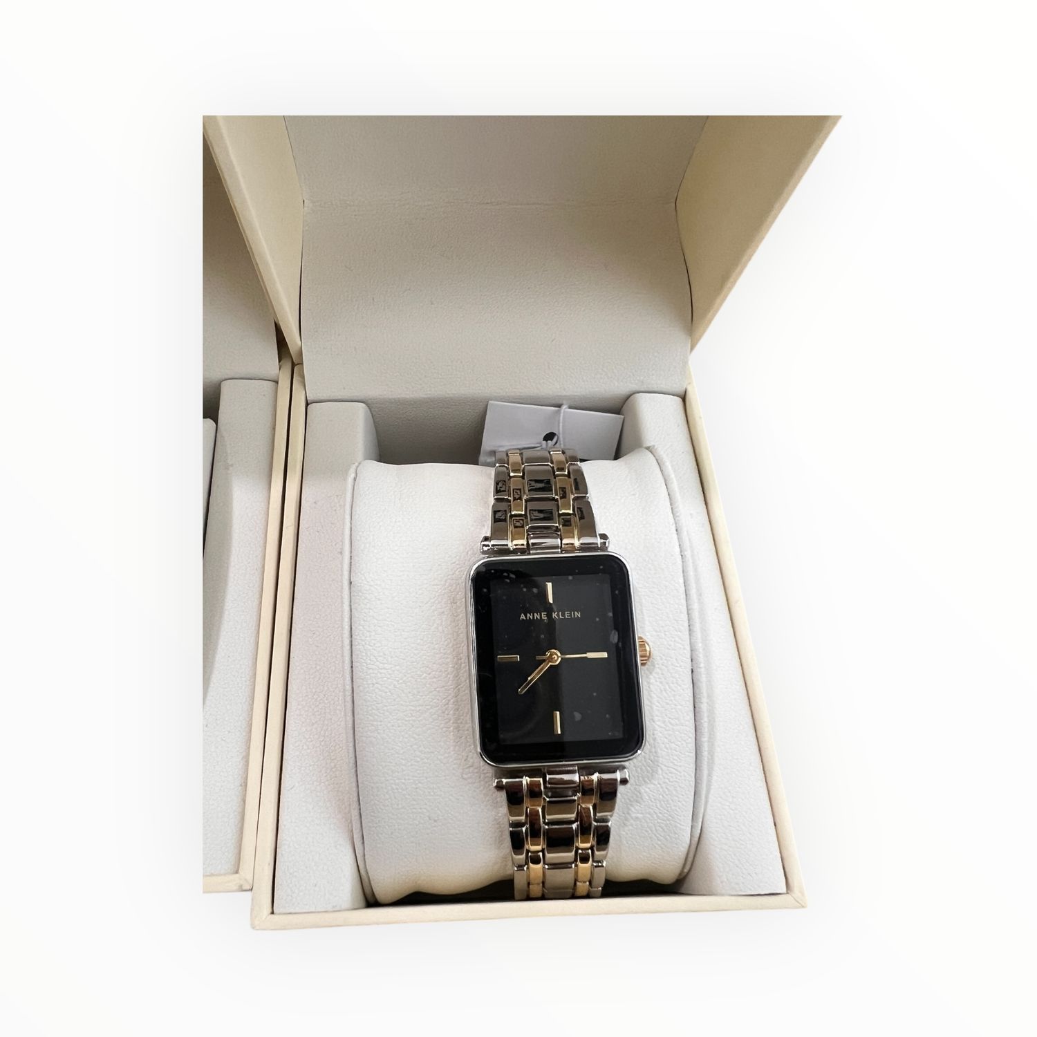 Anne Klein Watch Rectangular Black Face Two Tone Silver &amp; Yellow Gold Tone Bracelet
