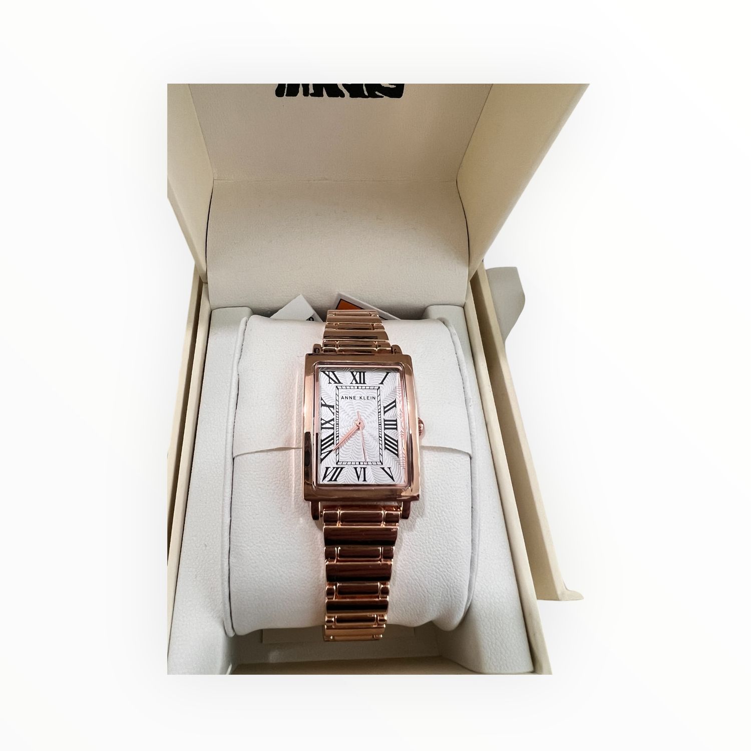 Anne Klein Watch Rectangular White Face Roman Numerals Rose Gold Tone Strap