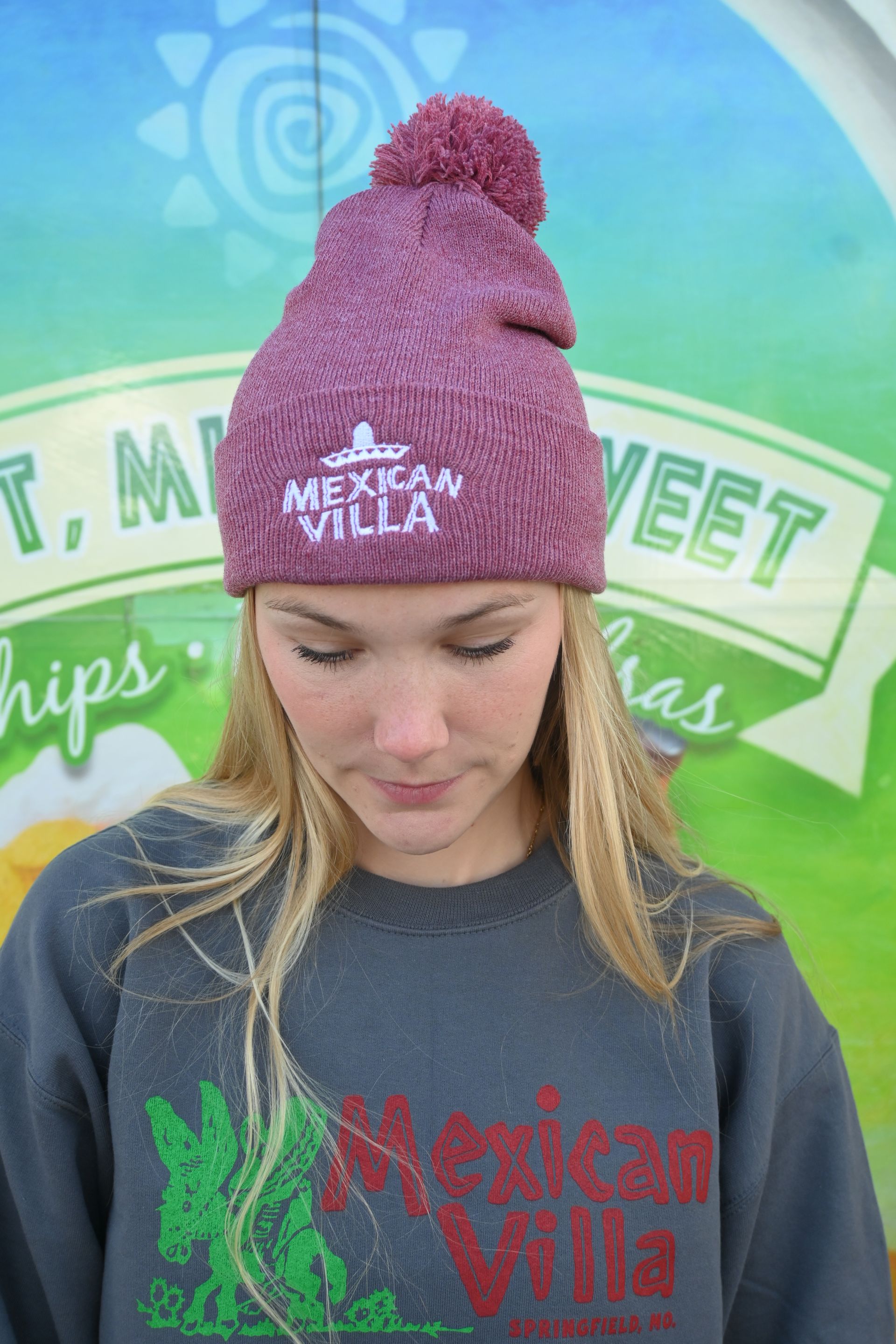 Beanie Mexican Villa- Heather Maroon with Pom