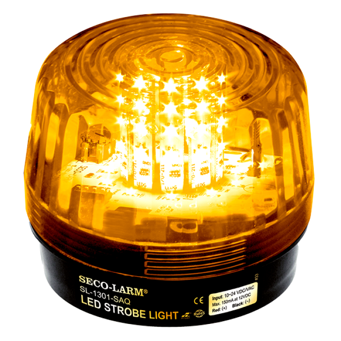 Luz estroboscópica LED con sirena incorporada, color ambar, respaldo de batería, IP55. Seco-Larm