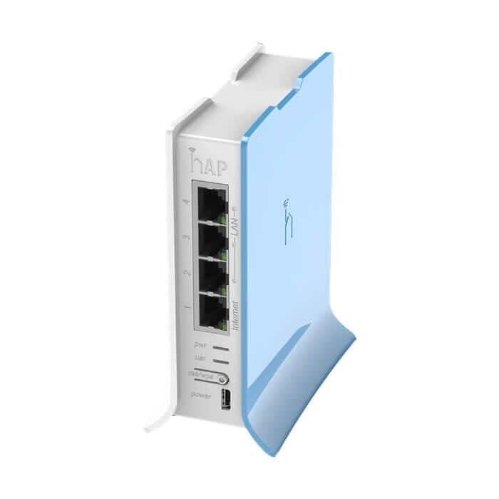 Router board HAP Lite con 650Mhz CPU, 32MB Ram, 4 LAN, built-in 2.4Ghz 802b/g/n con antenas integradas. Microtik.