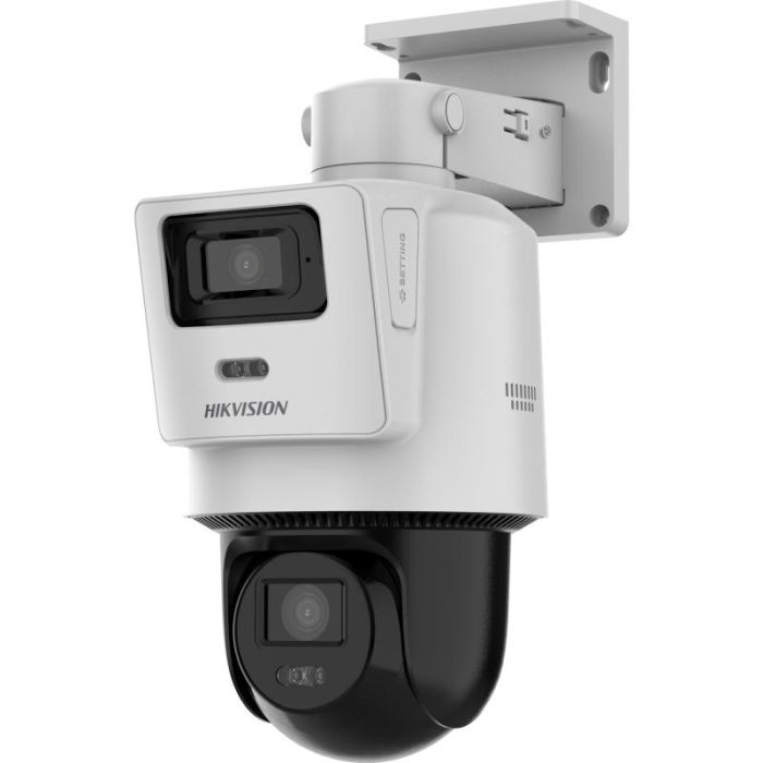 Cámara ip, POE PT con lente fija TandemVu de 4 MP + 4 MP, Luz Hibrida, micrófono y parlante incorporado, MicroSD, Detección de humano y vehículos, ip66, ON71800