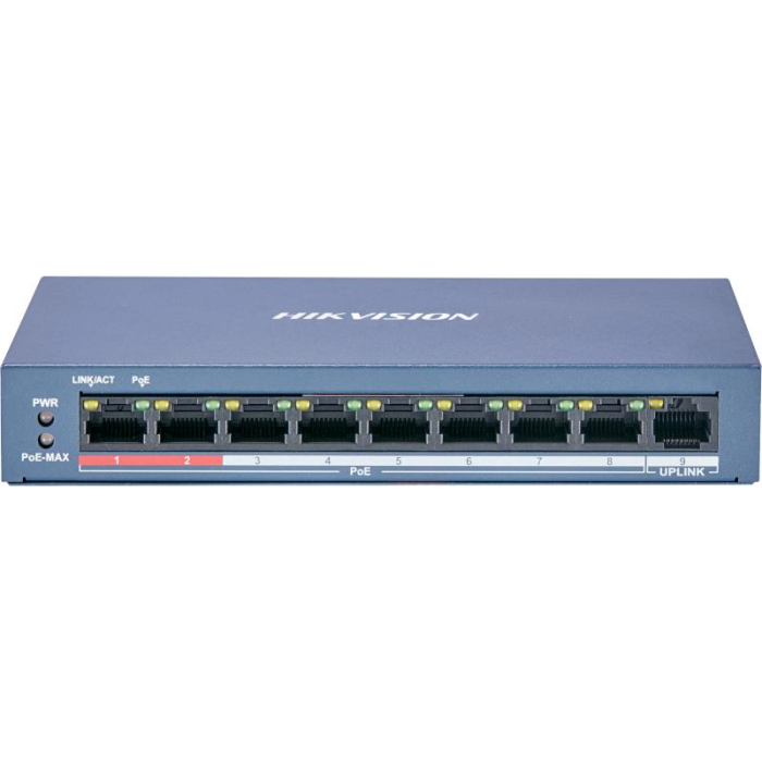 Switch PoE+ / No Administrable / 8 Puertos 10/100 Mbps PoE+ / 1 Puerto 100 Mbps Uplink / PoE hasta 250 metros / 60 W. Hikvision