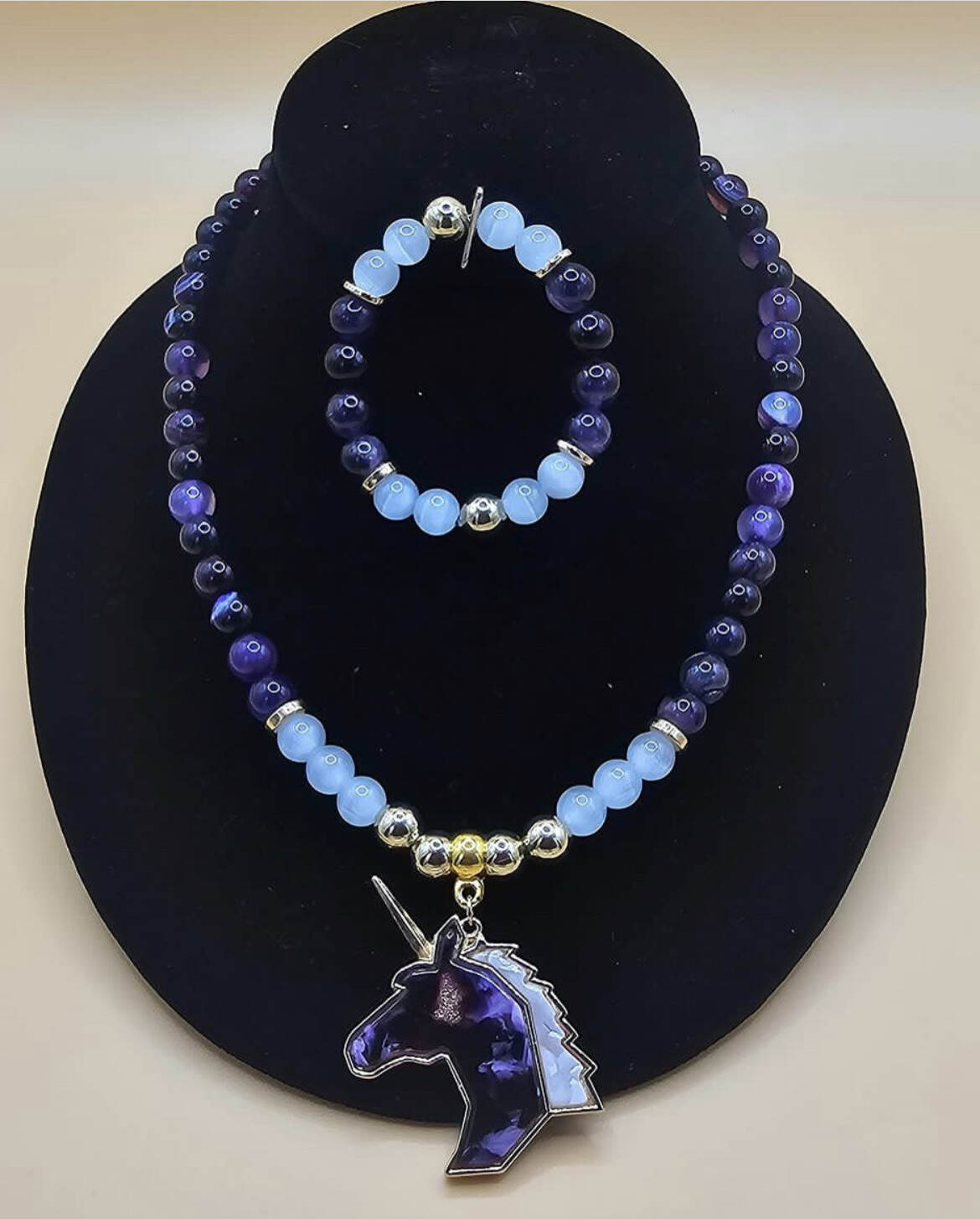 Amethyst Stone Unicorn necklace w/bracelet