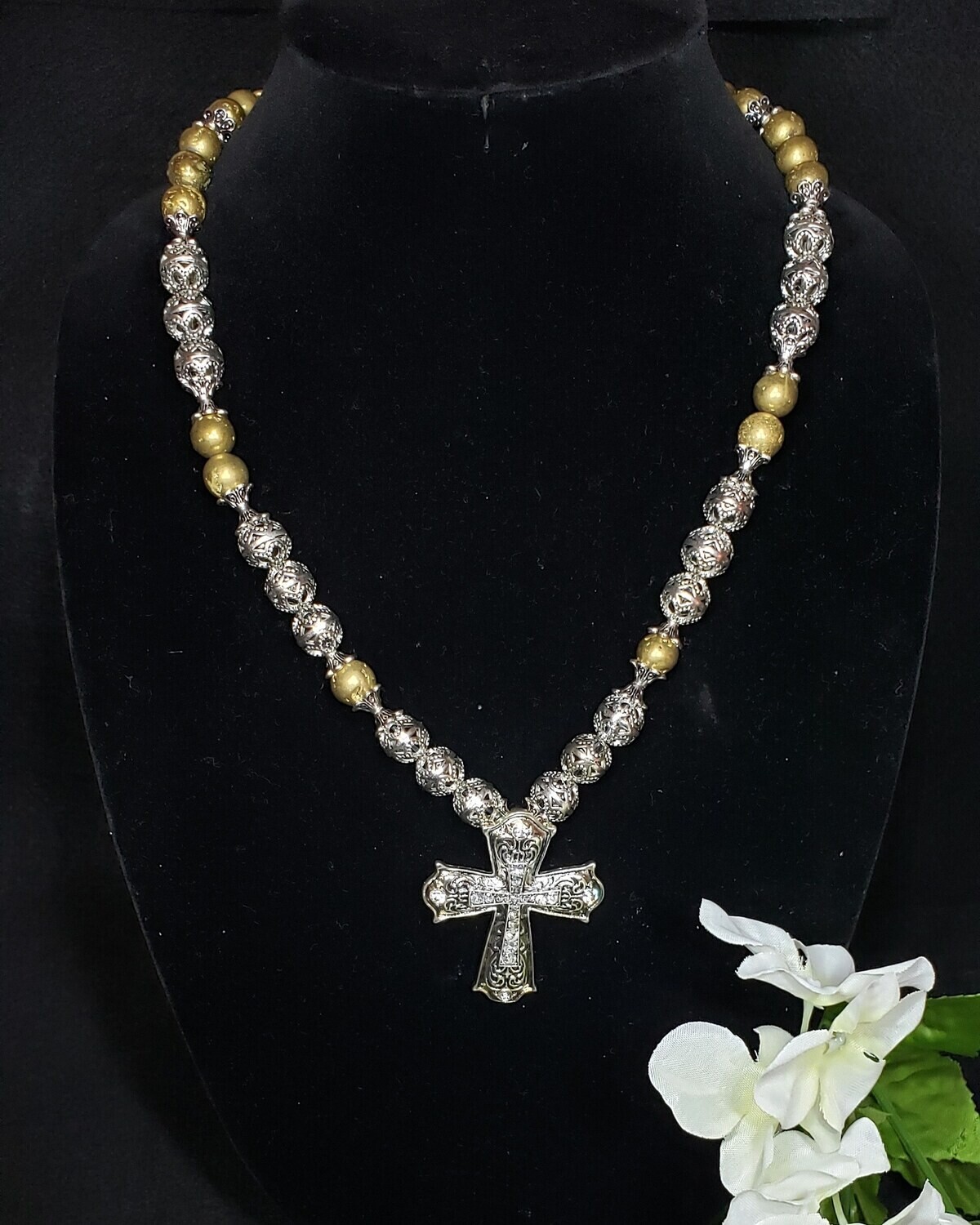 Pyrite Gold &amp; Silver Cross Necklace (Bracelet available $30.00)