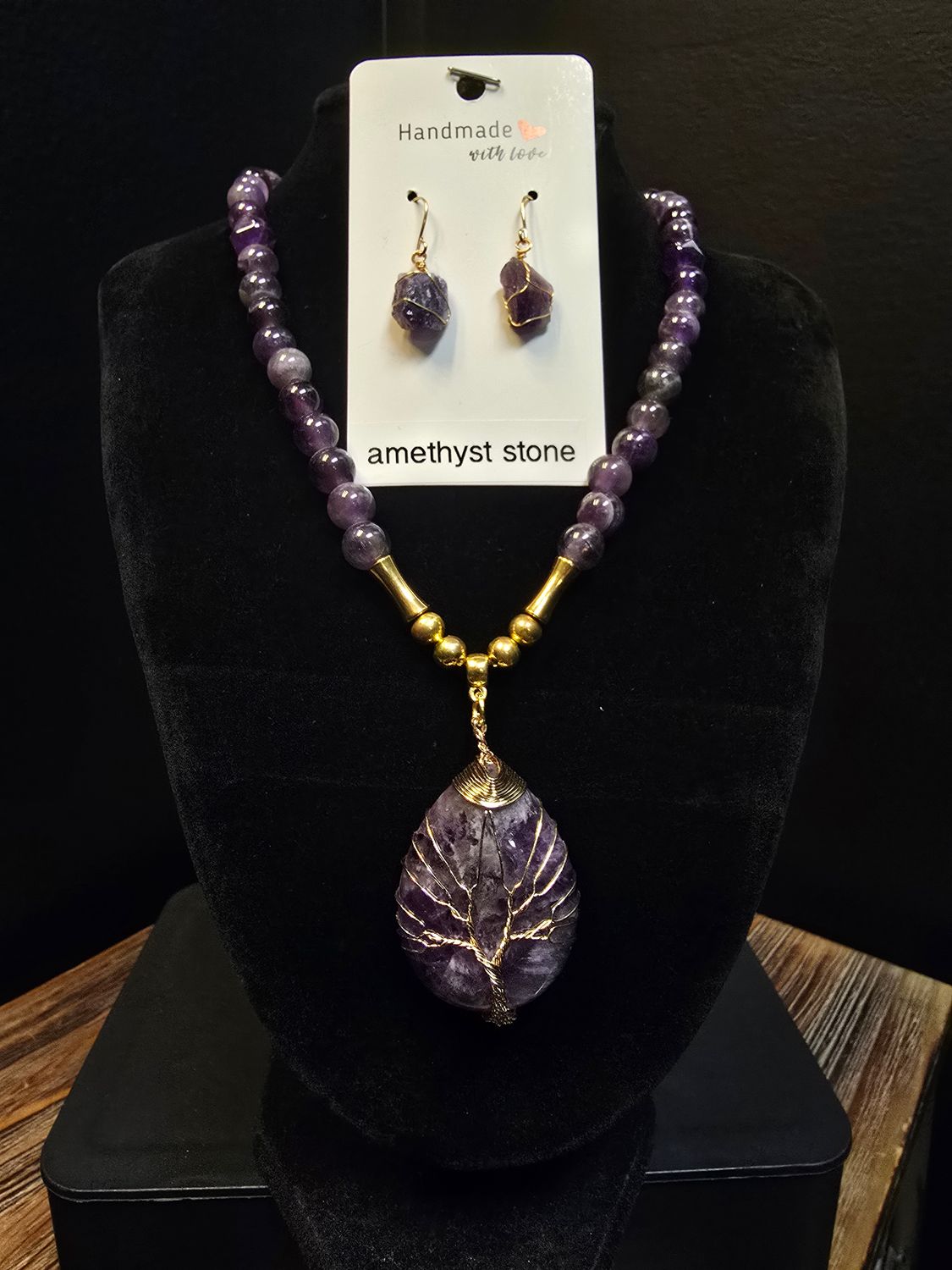 Genuine Amethyst Tree of Life Necklace with amethyst stone earrings.